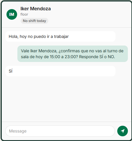 WhatsApp conversation where an employee confirms an absence
