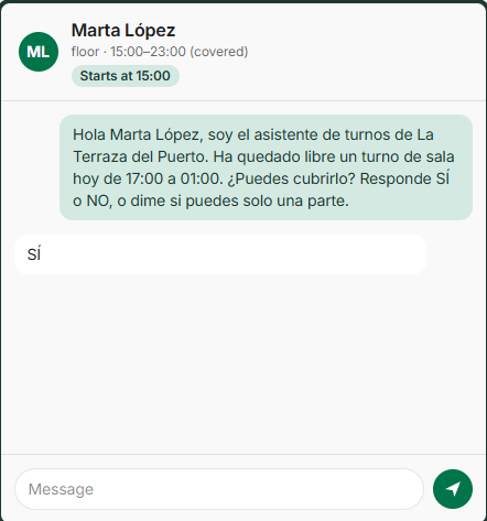 WhatsApp conversation where a candidate accepts a shift offer